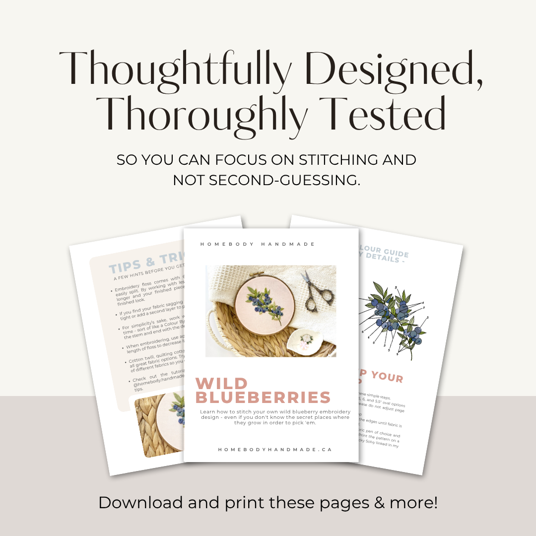 sample pages of blueberry embroidery pattern guide depicting embroidery tips, beginner friendly diagram and easy to follow instructions