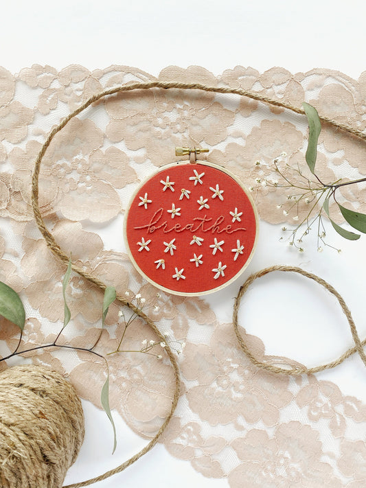 Breathe | 4” | Happy Daisy Floral Embroidery Hoop Art for Home Decor with Subtle Calligraphy Lettering Tangerine