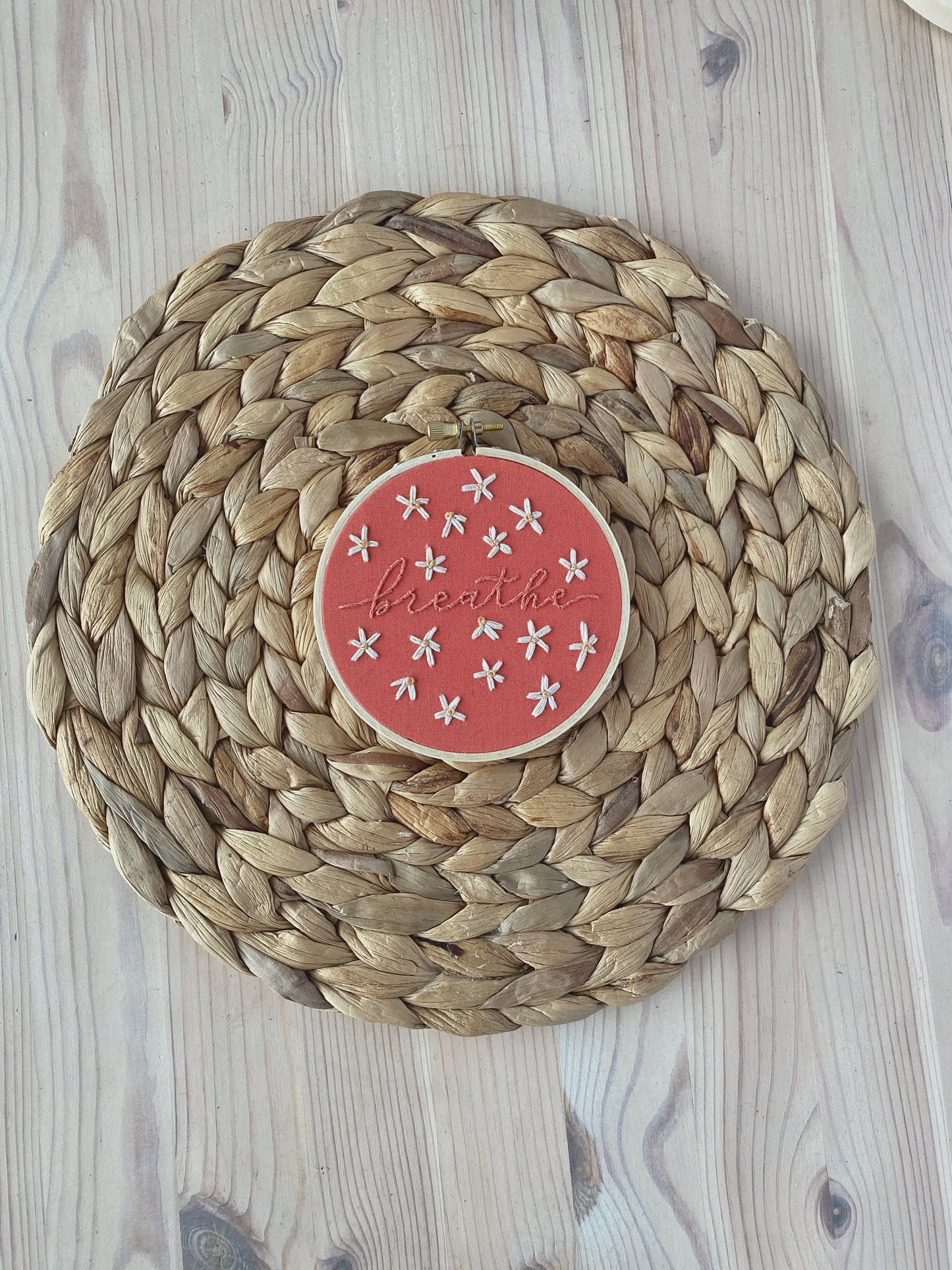 Breathe | 4” | Happy Daisy Floral Embroidery Hoop Art for Home Decor with Subtle Calligraphy Lettering Tangerine
