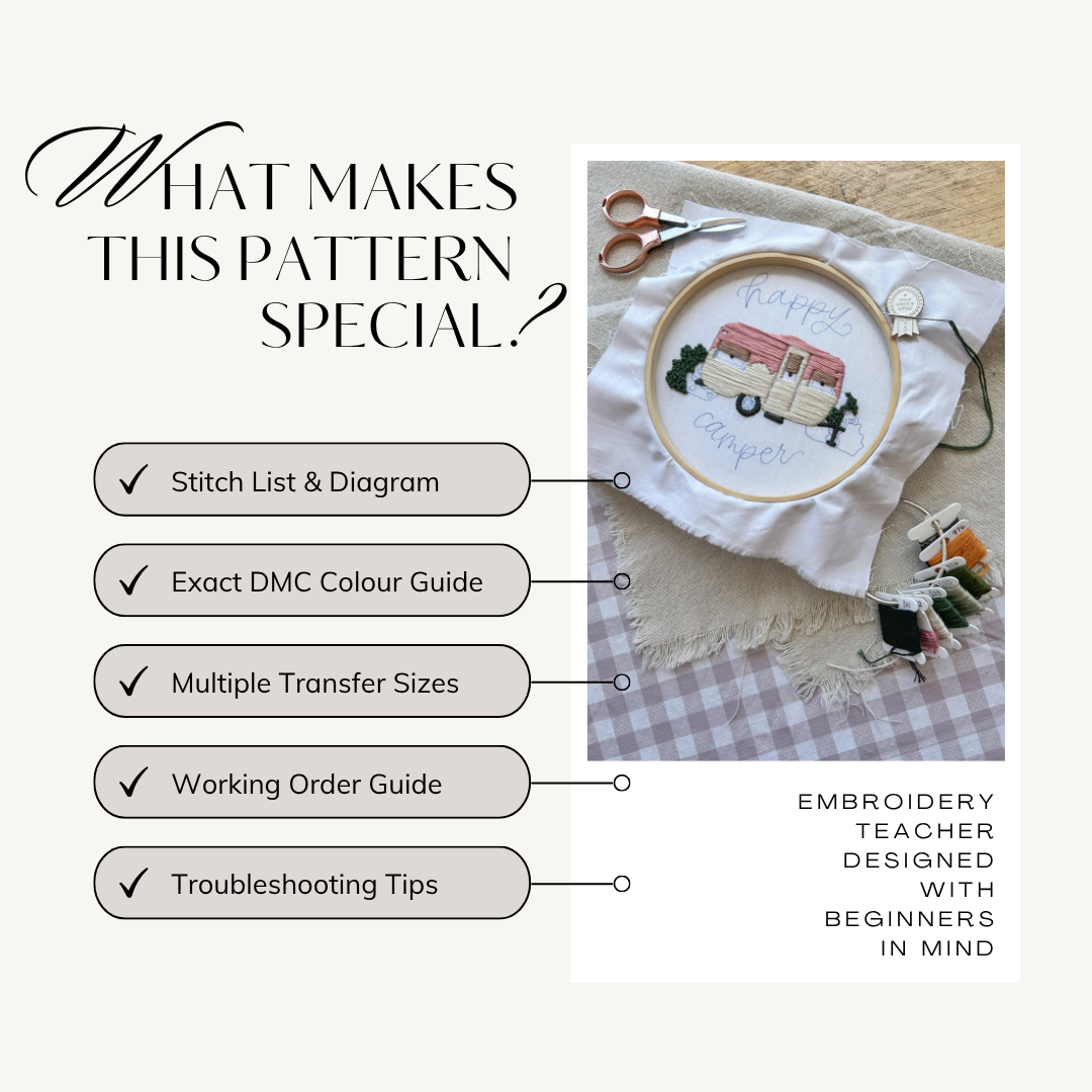 Happy Camper Embroidery Pattern || Instant Download PDF File || DIY Trailer, Camping, Glamping Decor