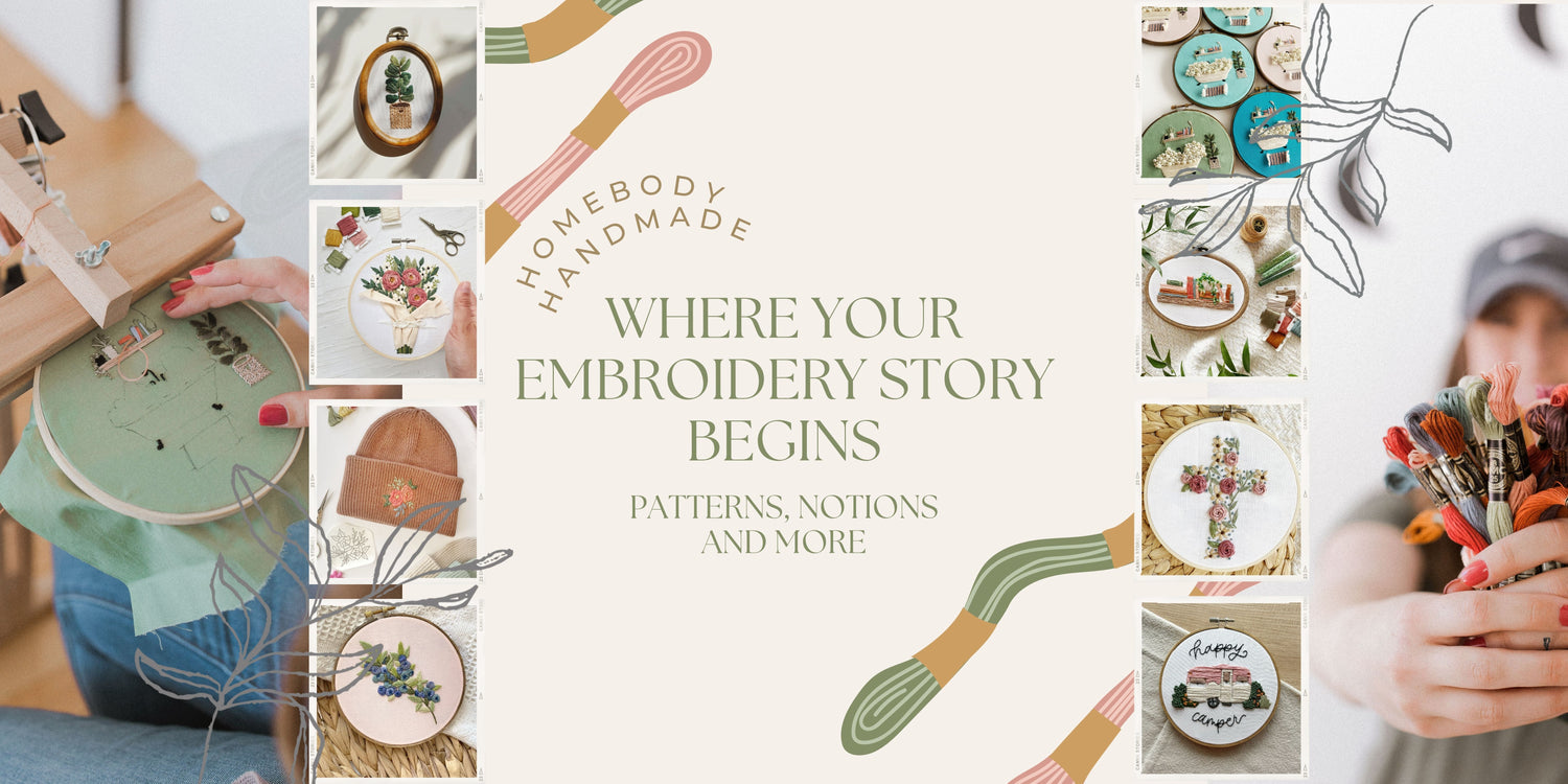Hero image showing a variety of beginner friendly embroidery patterns by Homebody Handmade.
