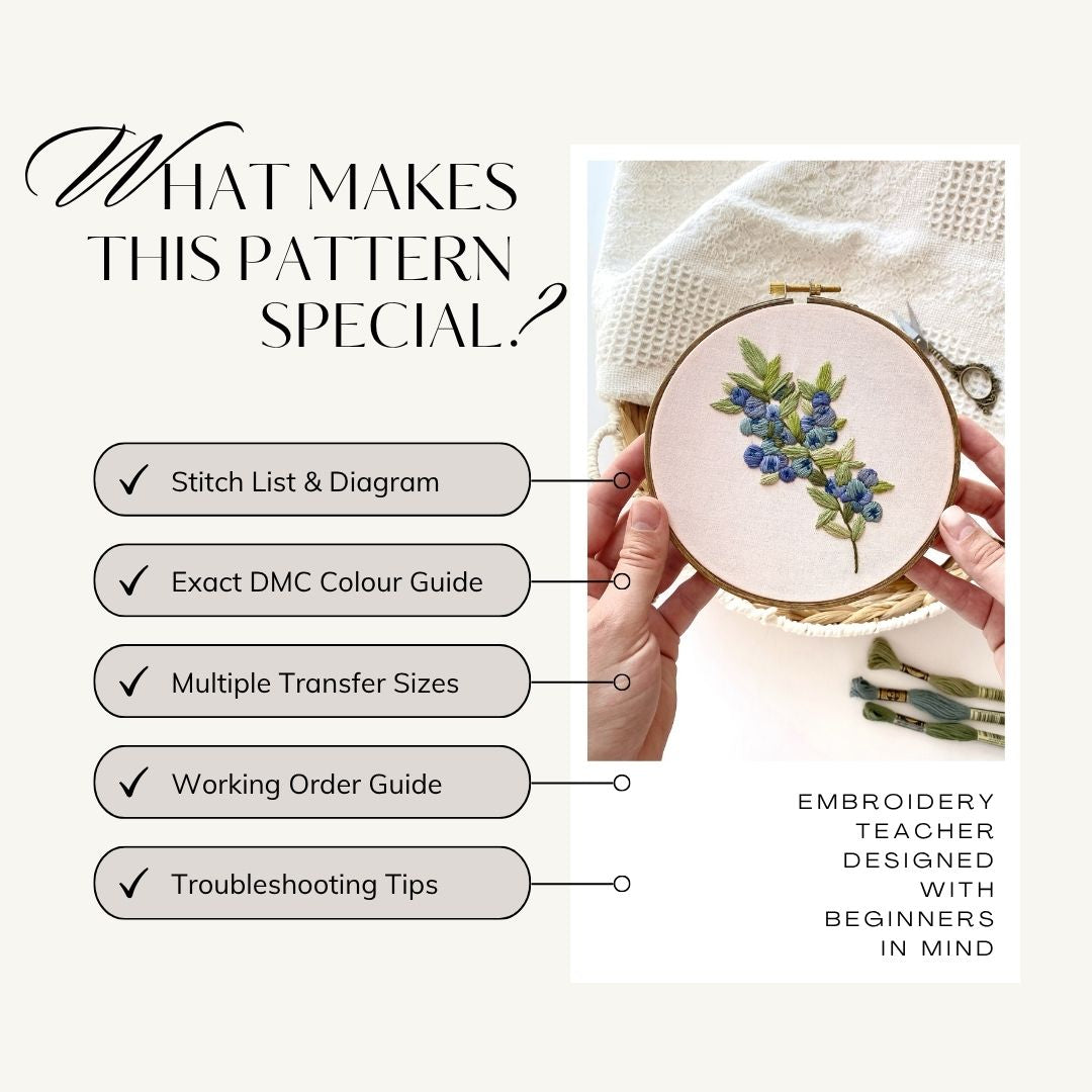 Embroidery pattern with blueberry design text overlay highlights pattern features list including stitch guide, colour chart, and troubleshooting tips.