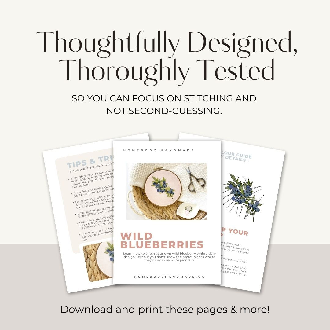 Sample pages from blueberries embroidery pattern showing title page, sneak peek of diagrams and tips and tricks pages.