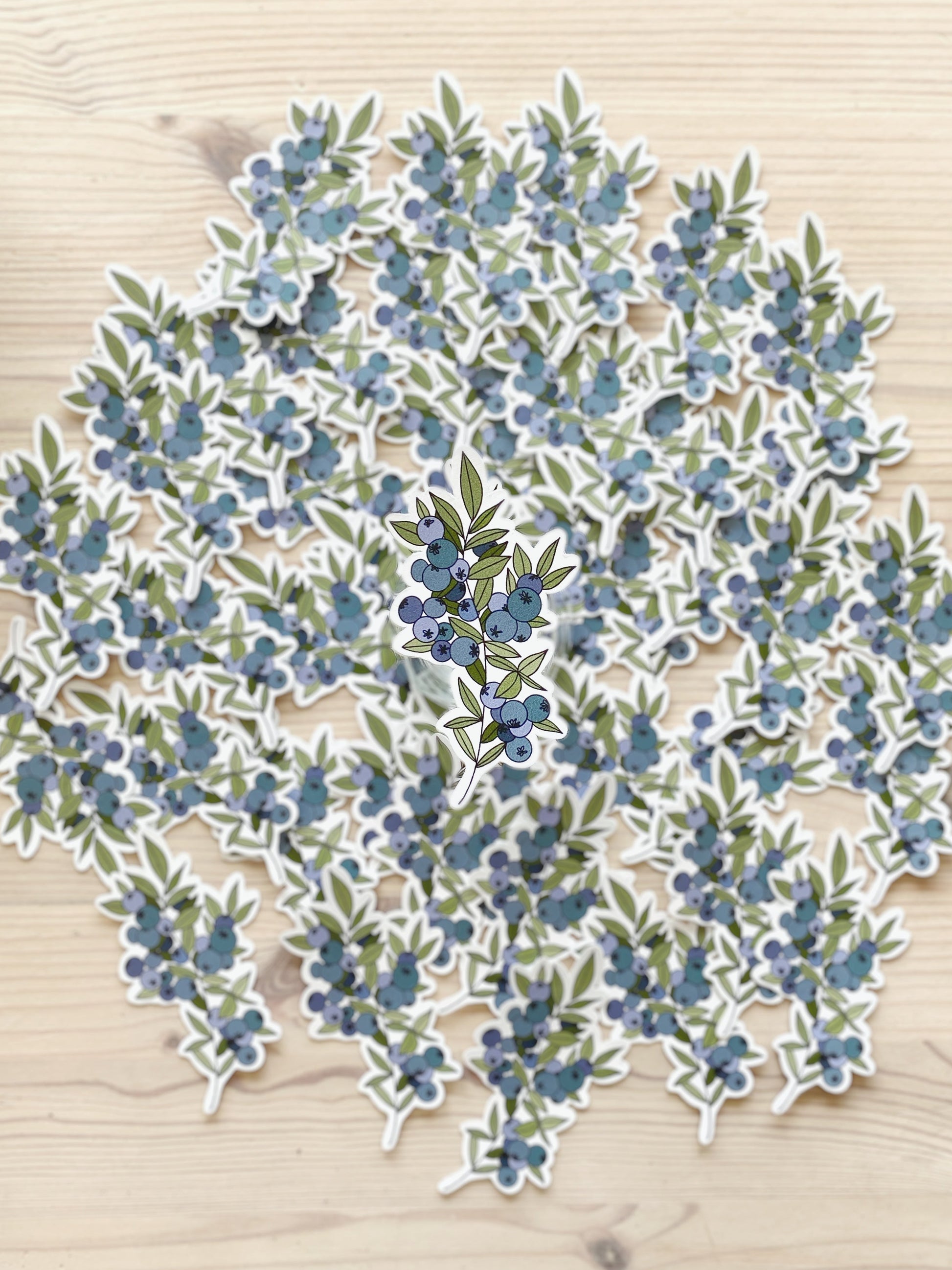 A sticker of a blueberry sprig is in the foreground of the image with multiple matching stickers blurred in the background.