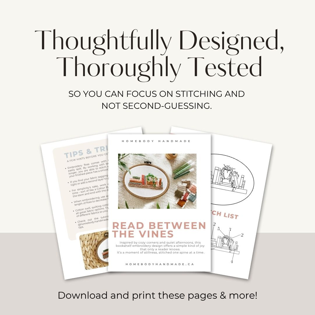 Sample pages from a bookshelf embroidery pattern showing title page, sneak peek of diagrams and tips and tricks pages.