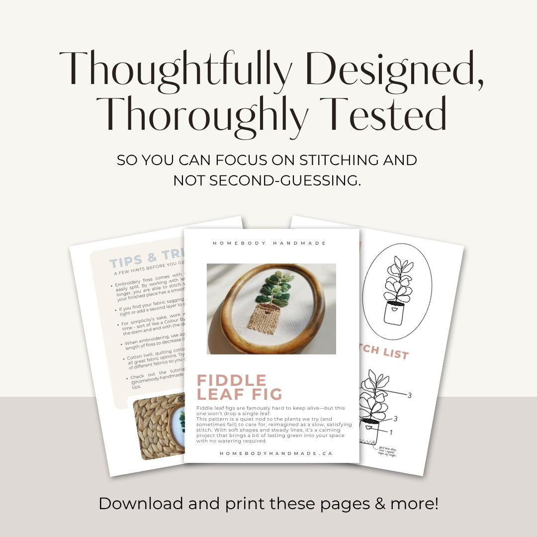 Sample pages from house plant embroidery pattern showing title page, pattern diagrams and tips and tricks pages.