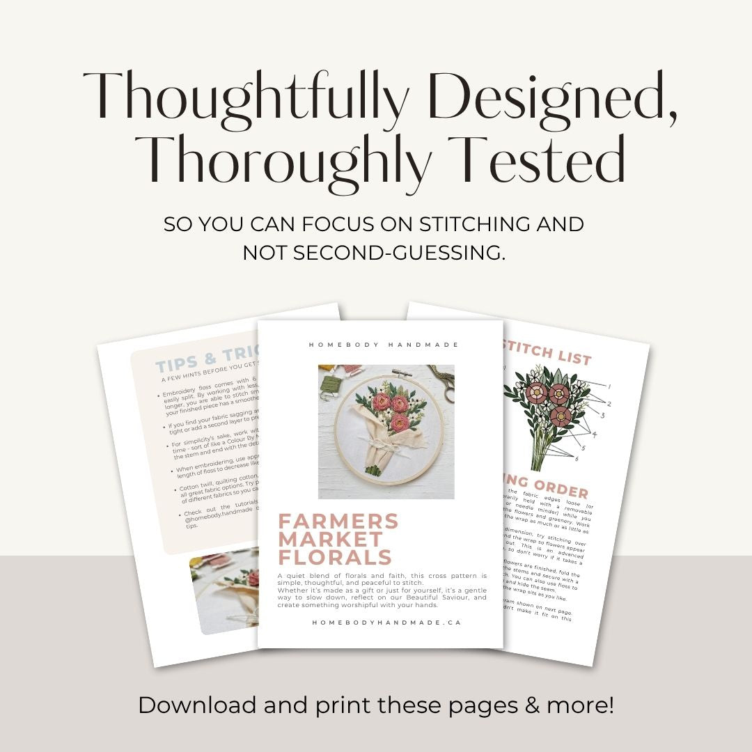 Sample pages from flower bouquet embroidery pattern showing title page, sneak peek of diagrams and tips and tricks pages.