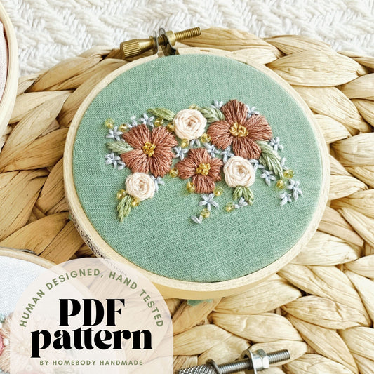 embroidery hoop featuring a mama bear silhouette stitched out of flowers sits on a textured surface. A text overlay says "human designed, hand tested PDF Pattern by Homebody Handmade"