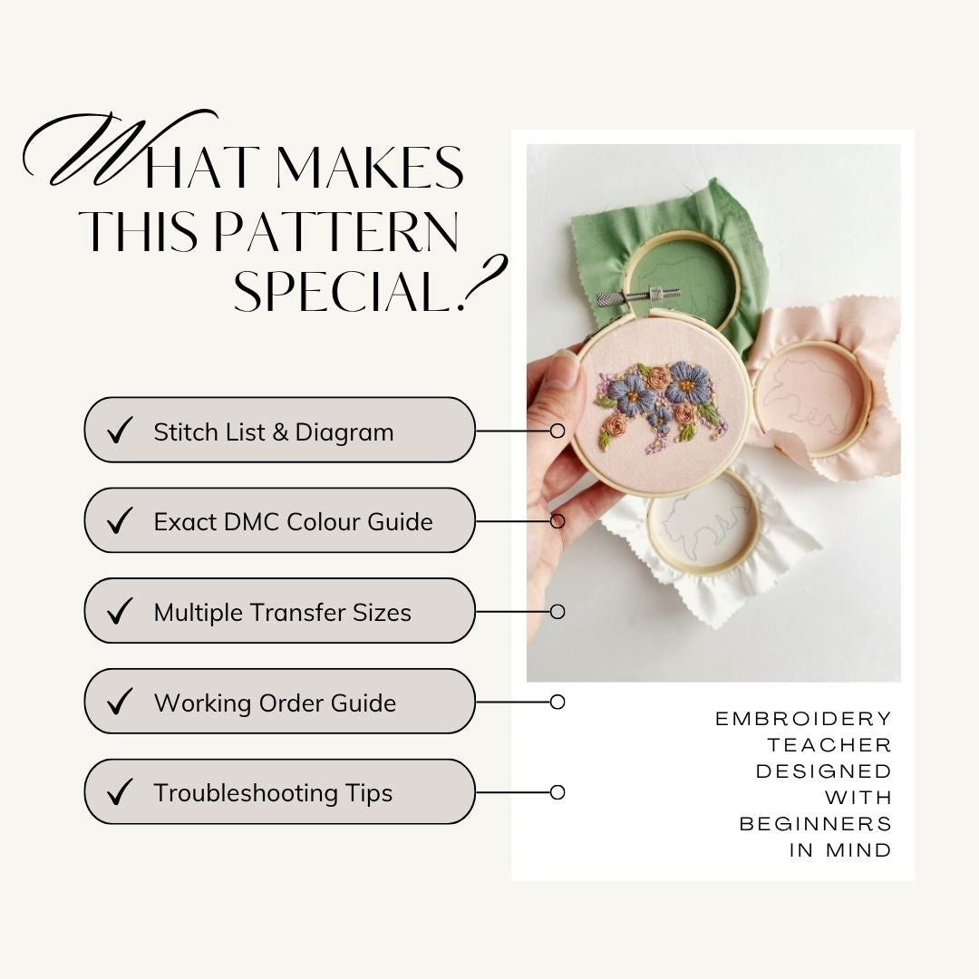 Embroidery pattern with floral bear design and features list including stitch guide, colour chart, and troubleshooting tips.