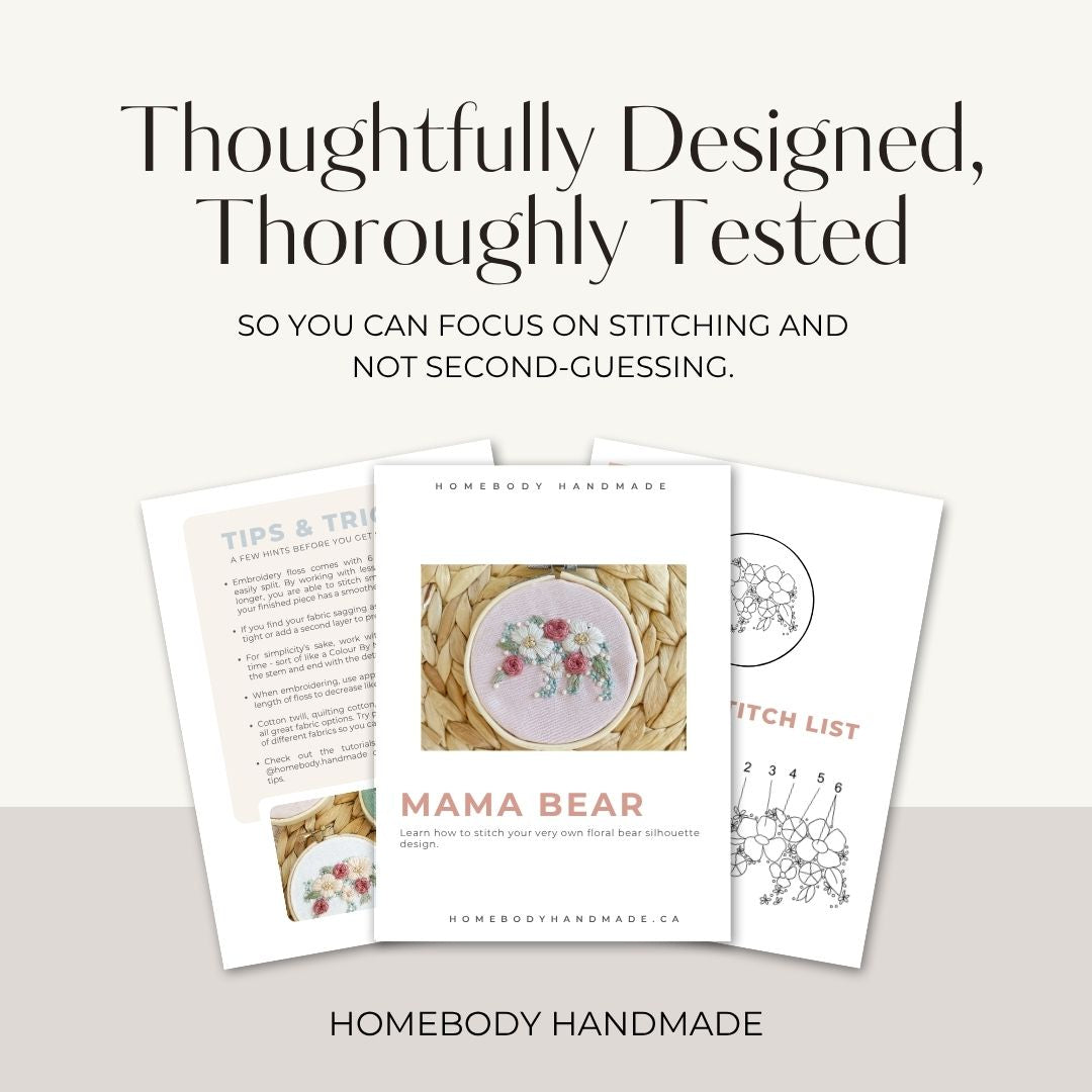 Sample pages from mama bear embroidery pattern showing title page, sneak peek of diagrams and tips and tricks pages.