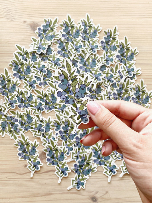 A hand holds a sticker with an illustration of blueberries on it in front of a collection of matching stickers.