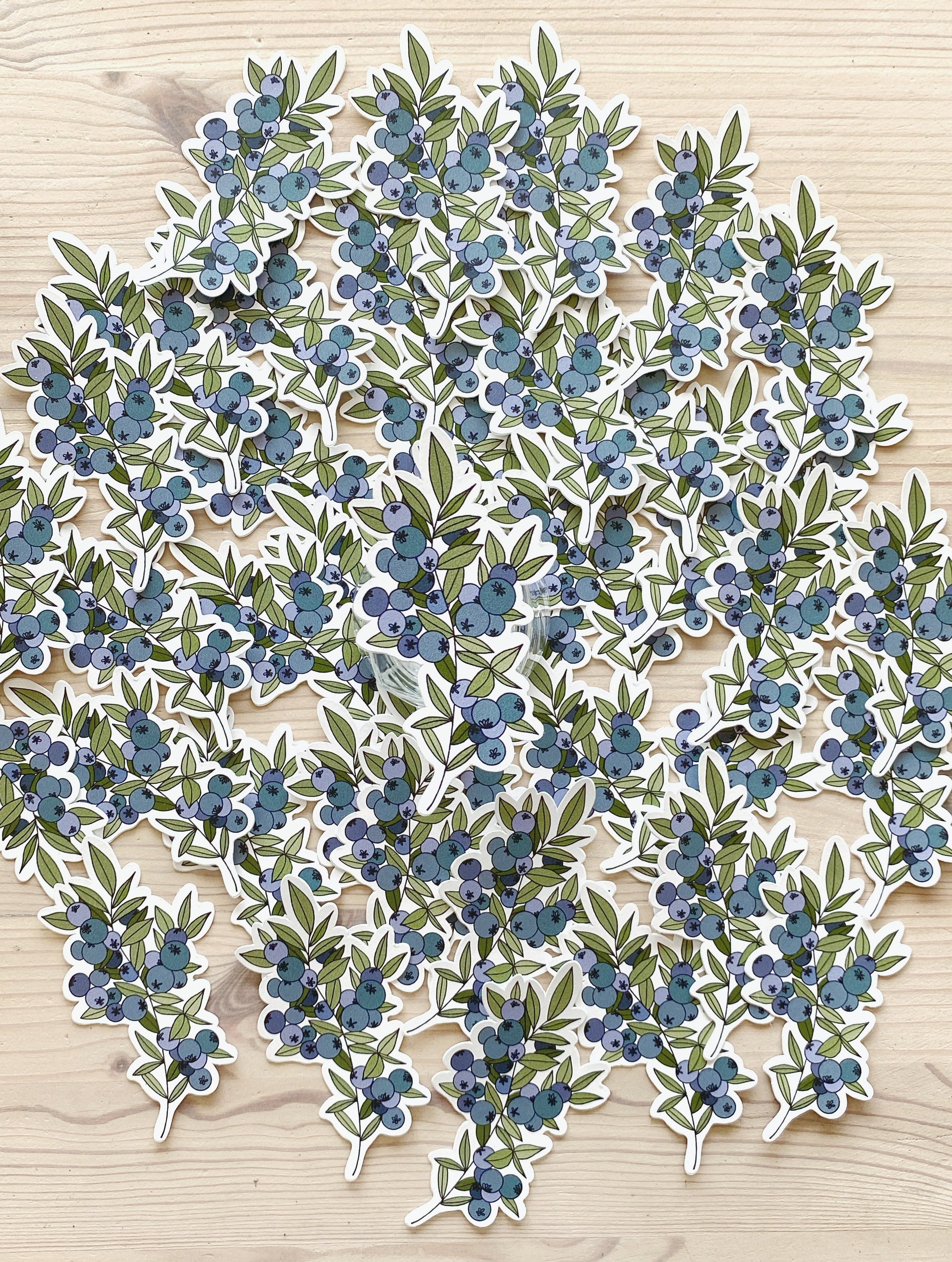 A sticker featuring a sprig of wild blueberries is displayed in front of a background of matching stickers.