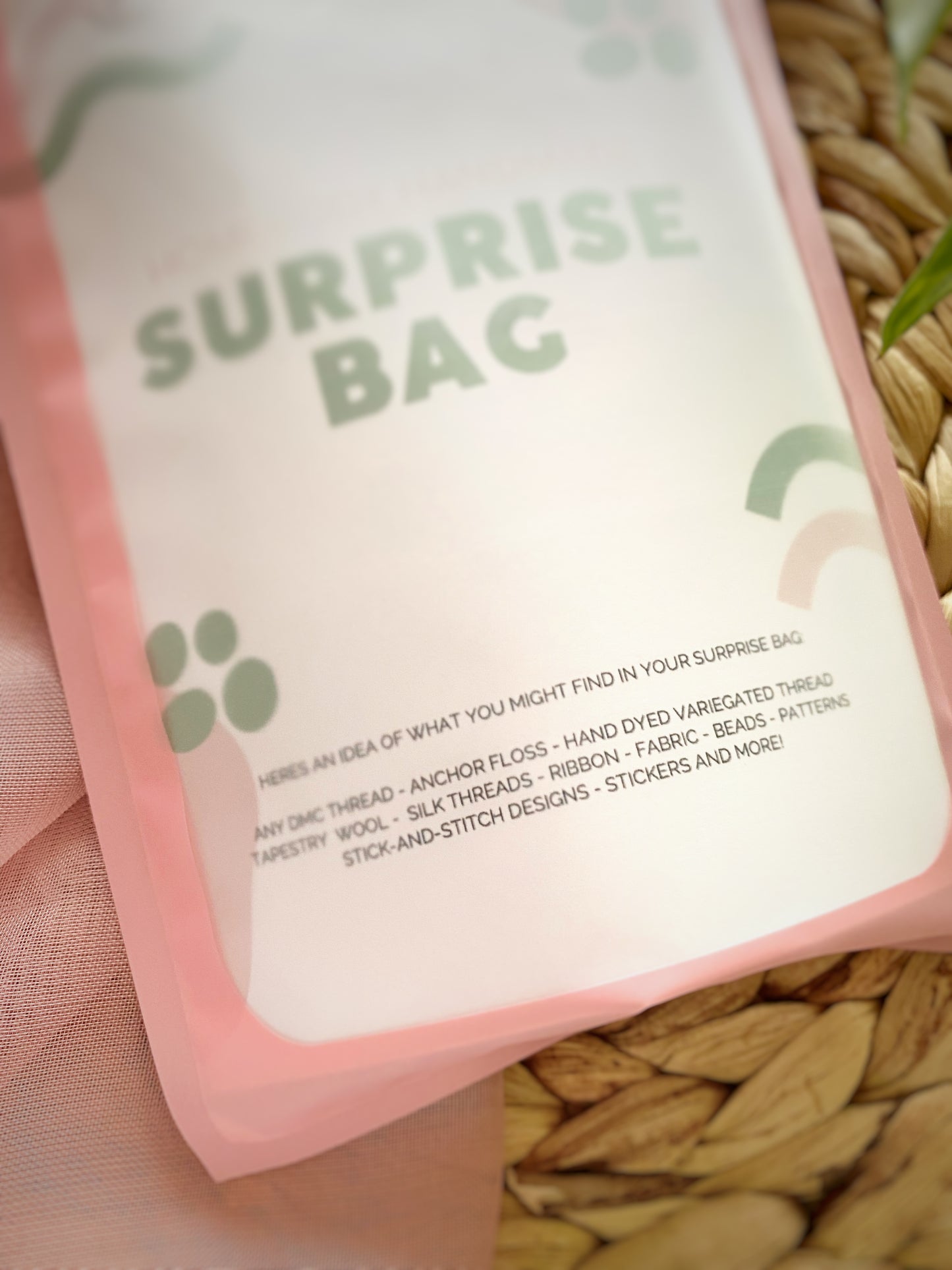 A close up showing the options one might find inside an embroidery surprise bag by Homebody Handmade.