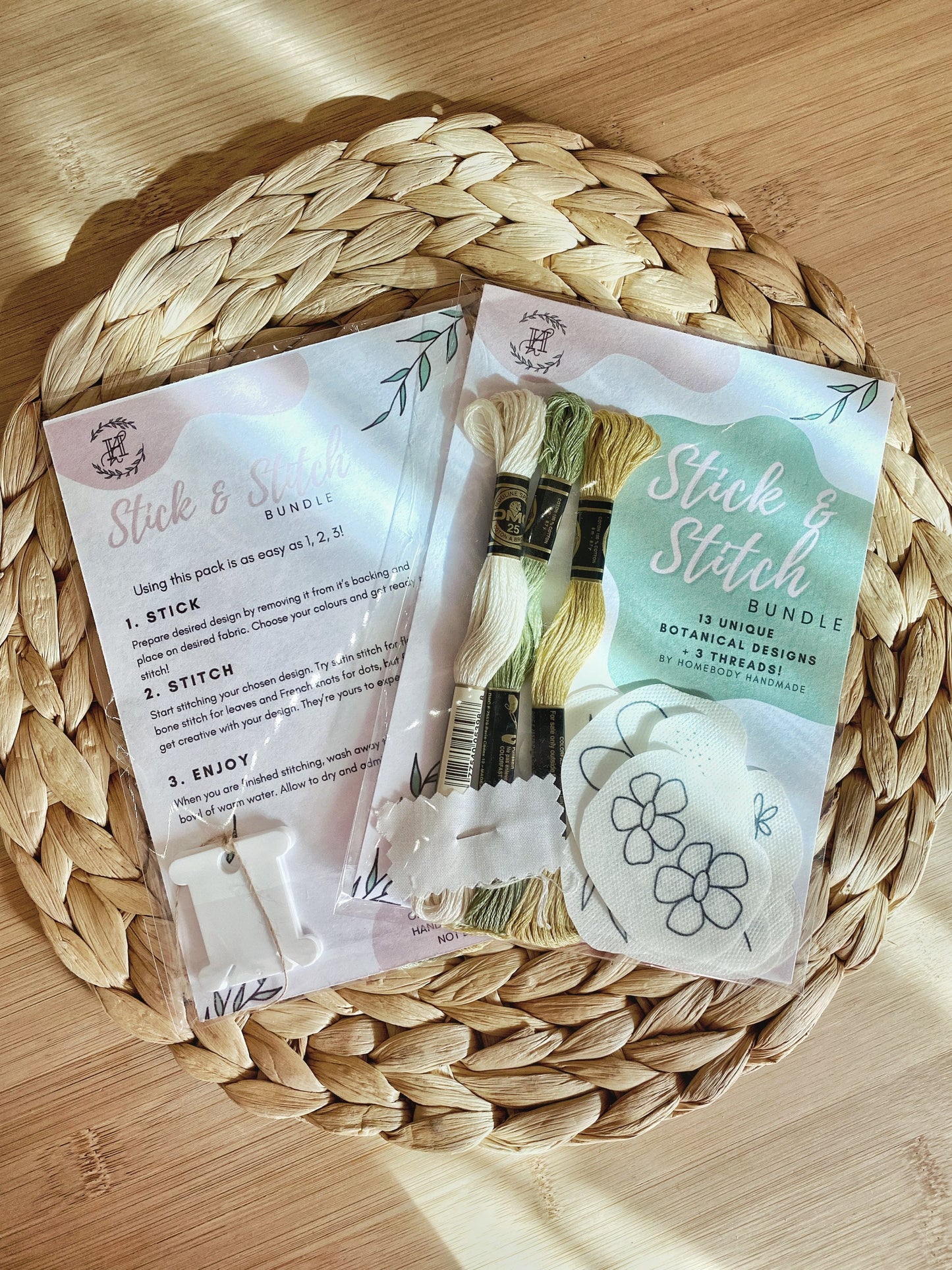 Front and back views of floral embroidery stick and stitch kit pack packaging which is perfect for beginner stitchers.