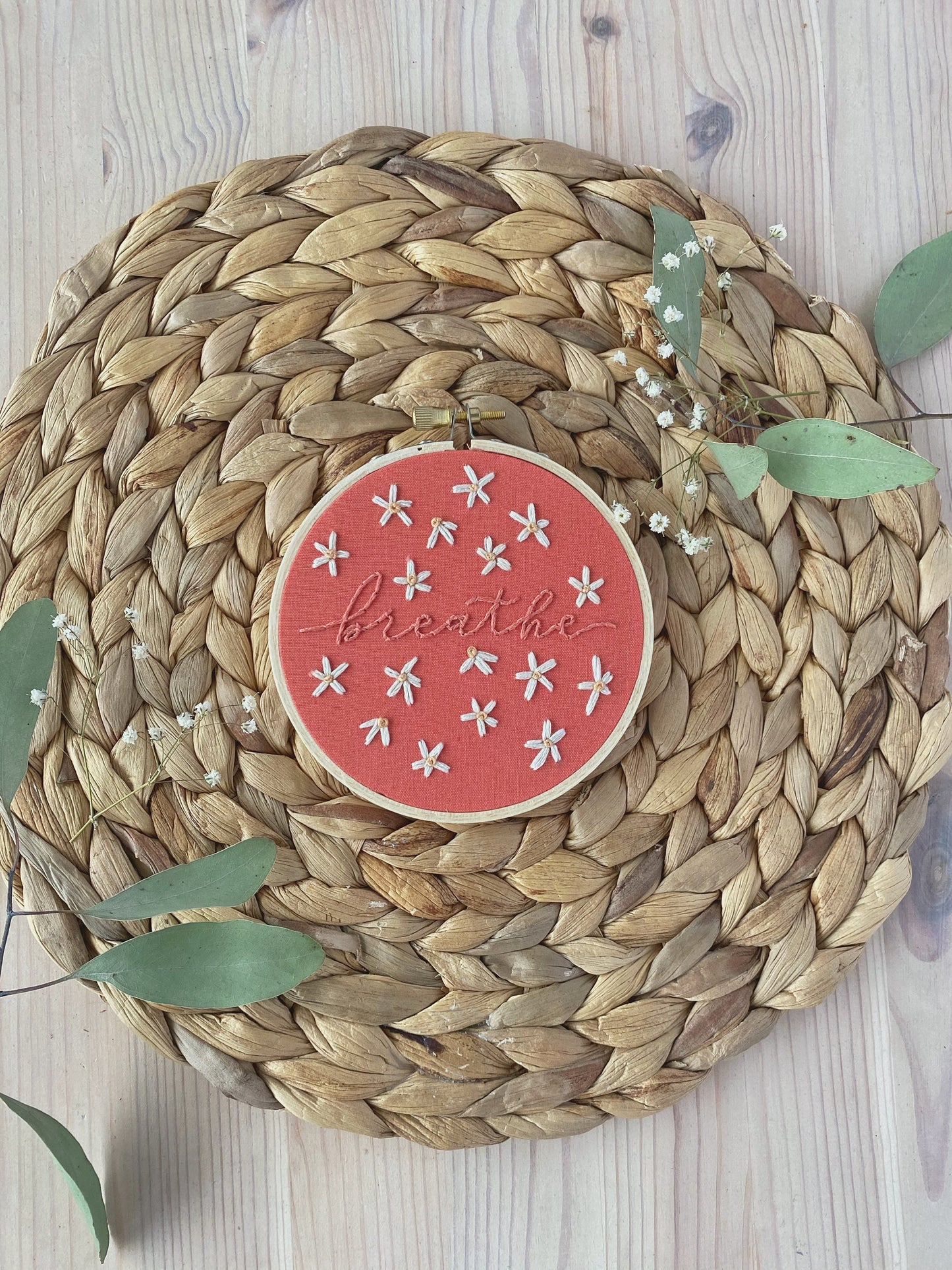 Breathe | 4” | Happy Daisy Floral Embroidery Hoop Art for Home Decor with Subtle Calligraphy Lettering Tangerine