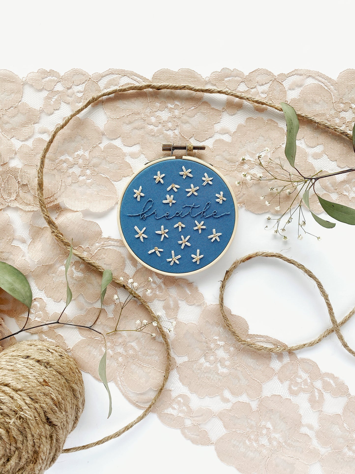 Breathe | 4” | Happy Daisy Floral Embroidery Hoop Art for Home Decor with Subtle Calligraphy Lettering Ocean Blue