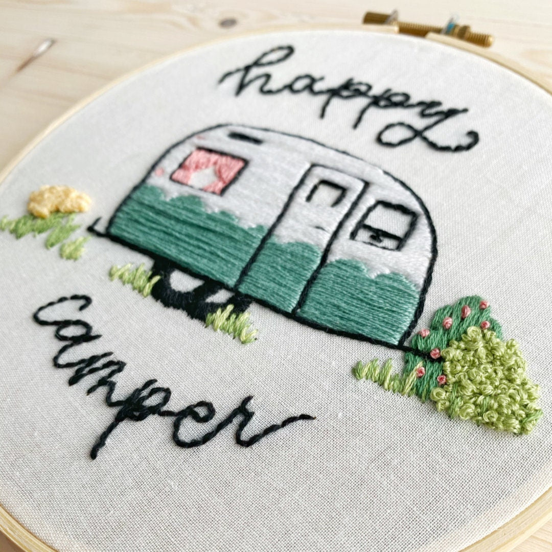 Happy Camper Embroidery Pattern || Instant Download PDF File || DIY Trailer, Camping, Glamping Decor