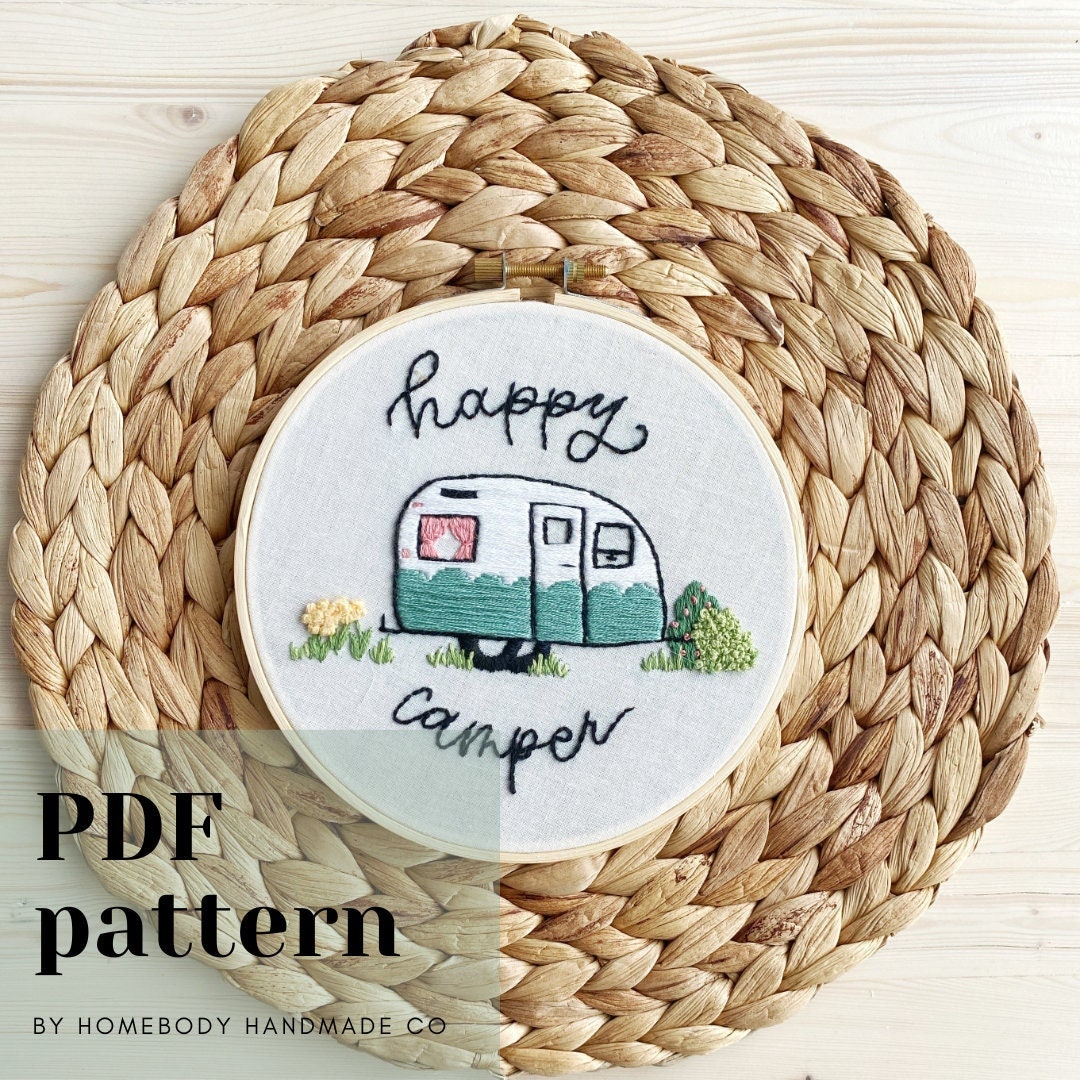 Happy Camper Embroidery Pattern || Instant Download PDF File || DIY Trailer, Camping, Glamping Decor